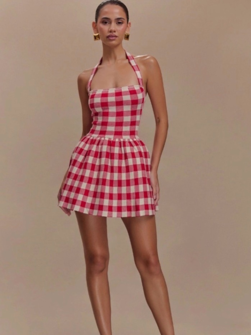 MESHKI Lindsay Halter Knit Mini Dress - Red Gingham